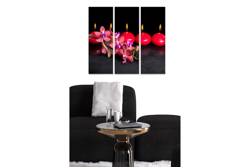Puinen canvastaulu, 3 osaa, 50x70 cm - Kaunis sommitelma vaaleanpunaisista orkideoista ja punaisista kynttilöistä, Vaaleanpunainen / Punainen / Musta
