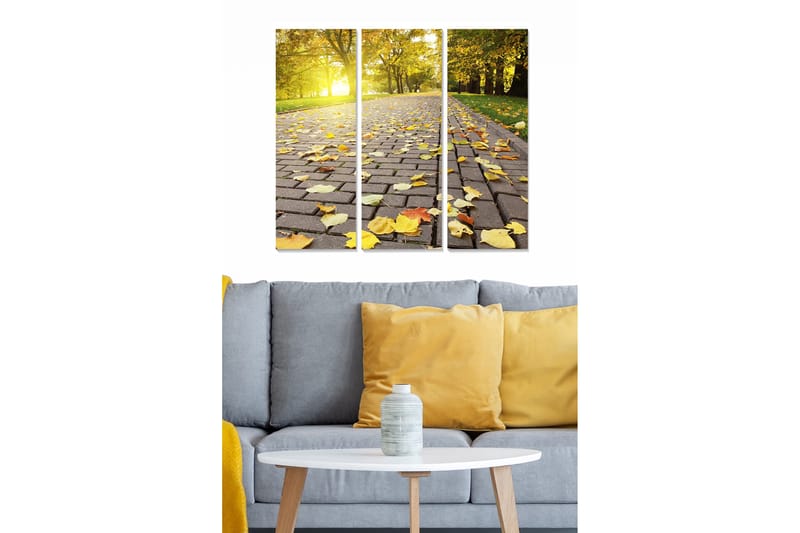 Puinen canvastaulu, 3 osaa, 50x70 cm - Kaunis syksyinen kävelyretki keltaisilla lehdillä päällystetyllä tiellä, Keltainen / Ruskea / Vihreä