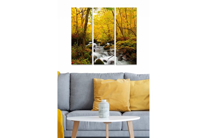 Puinen canvastaulu, 3 osaa, 50x70 cm - Kaunis syysmaisema kultaisilla puilla ja solinaavalla purolla, Kulta / Vihreä / Ruskea