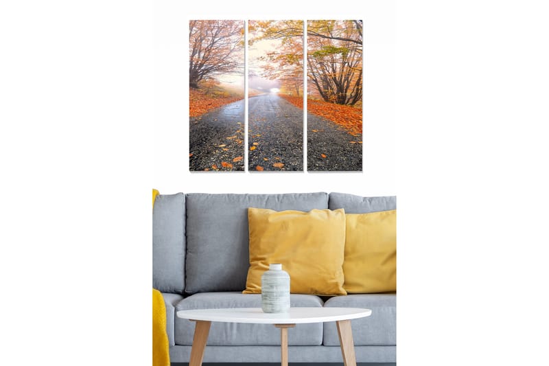 Puinen canvastaulu, 3 osaa, 50x70 cm - Kaunis syysmaisema tiellä, jota ympäröivät värikkäät lehtipuut, Oranssi / Vihreä / Harmaa
