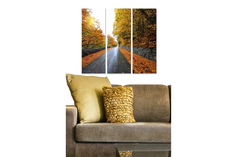 Puinen canvastaulu, 3 osaa, 50x70 cm - Kaunis syysmaisema tiellä, värikkäiden puiden ja pudonneiden lehtien ympäröimänä, Oranssi / Kulta / Vihreä