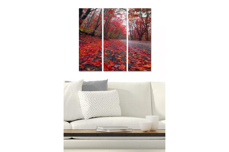 Puinen canvastaulu, 3 osaa, 50x70 cm - Kaunis syysmaisema värikkäillä lehdillä tiellä, Punainen / Oranssi / Keltainen