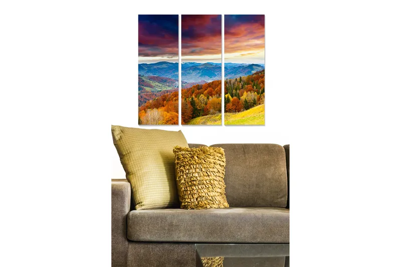 Puinen canvastaulu, 3 osaa, 50x70 cm - Kaunis syysmaisema värikkäillä puilla ja kaukaisilla vuorilla, Oranssi / Vihreä / Sininen