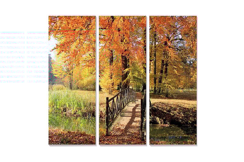 Puinen canvastaulu, 3 osaa, 50x70 cm - Kaunis syysmaisema värikkäillä puilla ja sillalla tyynen veden pinnan yli, Oranssi / Keltainen / Vihreä