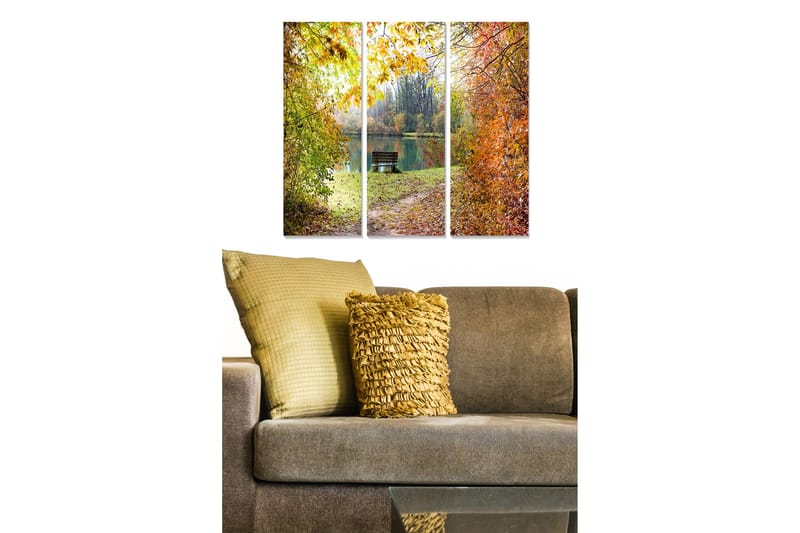 Puinen canvastaulu, 3 osaa, 50x70 cm - Kaunis syysmaisema penkillä peilimäisen järven rannalla, Vihreä / Oranssi / Keltainen