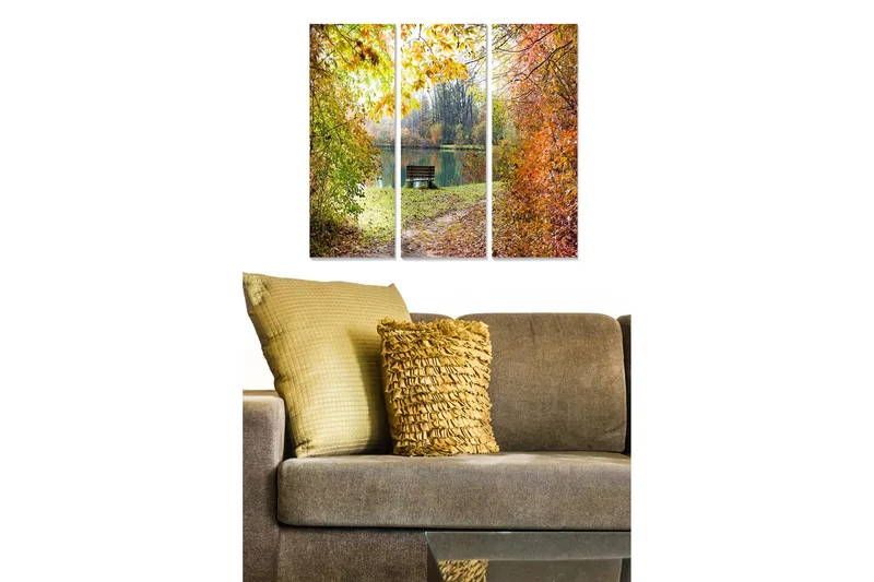 Puinen canvastaulu, 3 osaa, 50x70 cm - Kaunis syysmaisema penkillä peilimäisen järven rannalla, Vihreä / Oranssi / Keltainen