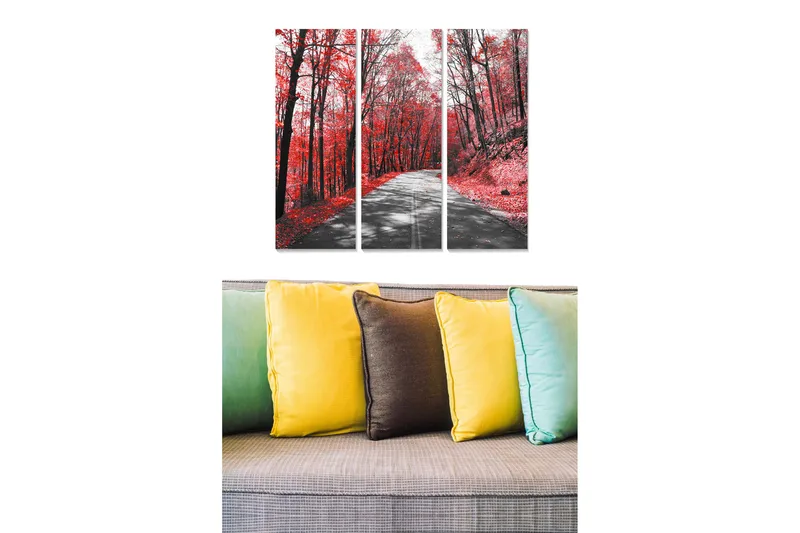 Puinen canvastaulu, 3 osaa, 50x70 cm - Kaunis syysmetsä punaisine lehtineen ja polku puiden läpi, Punainen / Musta / Harmaa