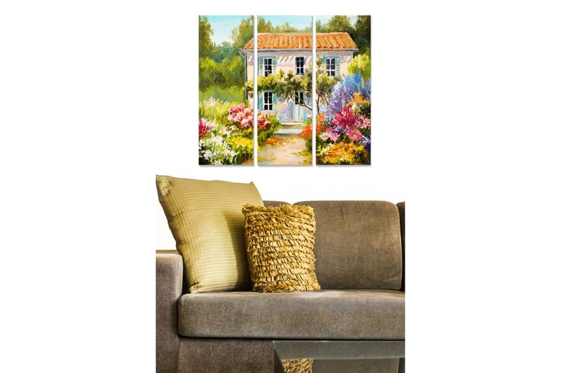 Puinen canvastaulu, 3 osaa, 50x70 cm - Kaunis talo kukkivan puutarhan ympäröimänä, Vihreä / Vaaleanpunainen / Violetti
