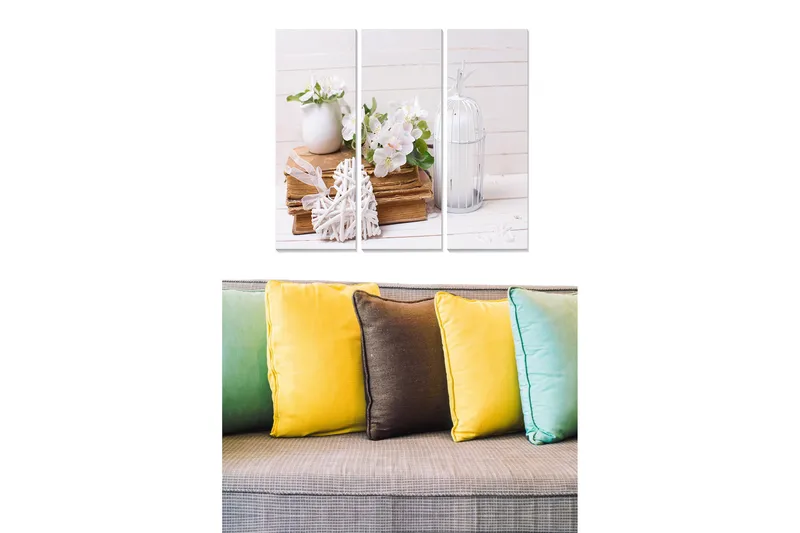 Puinen canvastaulu, 3 osaa, 50x70 cm - Kaunis tyyneys, kukkia maljakossa ja kirjoja harmonisessa sommitelmassa, Valkoinen / Beige / Vihreä