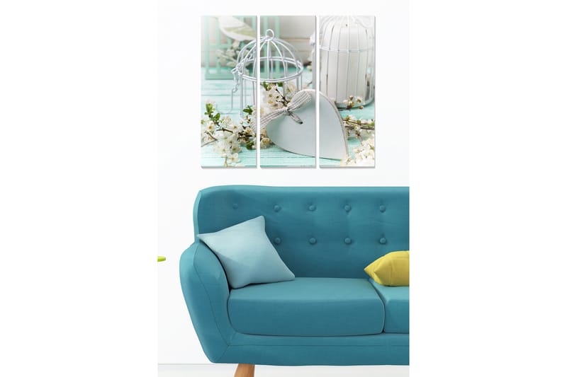 Puinen canvastaulu, 3 osaa, 50x70 cm - Kaunis tyyneys lintuhäkeillä ja kukilla romanttisessa sommitelmassa, Vaaleansininen / Valkoinen / Vihre ä