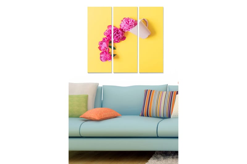 Puinen canvastaulu, 3 osaa, 50x70 cm - Kaunis vaaleanpunaisten kukkien kimppu valkoisessa kannusta keltaista taustaa vasten, Vaaleanpunainen / Keltainen