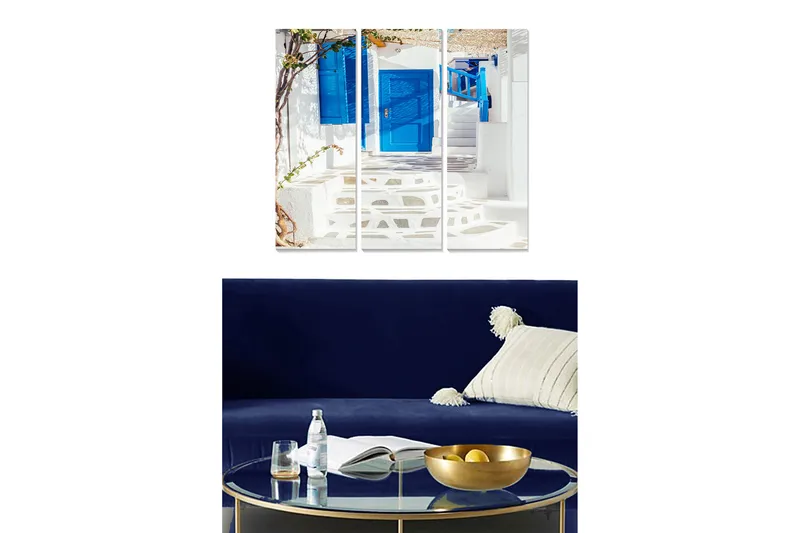 Puinen canvastaulu, 3 osaa, 50x70 cm - Kaunis valkoinen rakennus sinisillä ovilla ja portailla aurinkoisessa ympäristössä, Sininen / Valkoinen