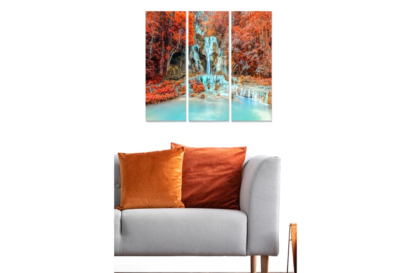 Puinen canvastaulu, 3 osaa, 50x70 cm - Kaunis vesiputous värikkäiden syksynlehtien ympäröimänä - Punainen / Turkoosi / Oranssi - Sisustustuotteet - Taulu & taide - Canvas-taulu