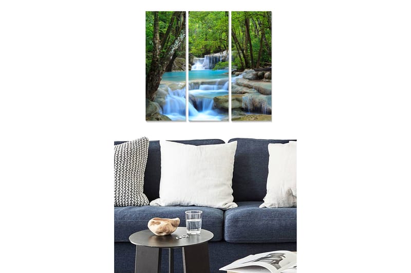 Puinen canvastaulu, 3 osaa, 50x70 cm - Kaunis vesiputous ympäröivässä vehreydessä - Vihreä / Turkoosi / Beige - Sisustustuotteet - Taulu & taide - Canvas-taulu