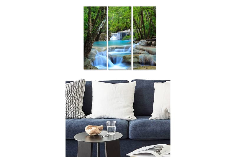 Puinen canvastaulu, 3 osaa, 50x70 cm - Kaunis vesiputous ympäröivässä vehreydessä, Vihreä / Turkoosi / Beige
