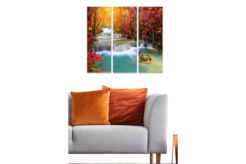 Puinen canvastaulu, 3 osaa, 50x70 cm - Kaunis vesiputousmaisema syksyn väristen puiden ja perhosten ympäröimänä - Punainen / Sininen / Turkoosi - Sisustustuotteet - Taulu & taide - Canvas-taulu