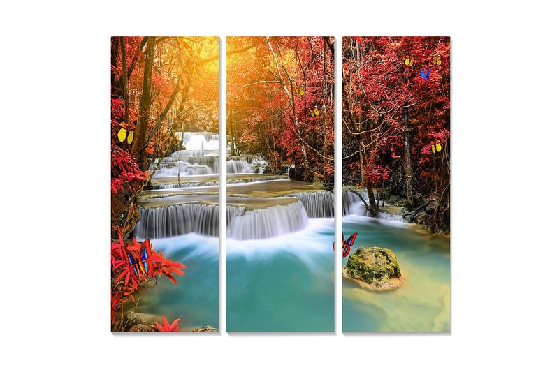 Puinen canvastaulu, 3 osaa, 50x70 cm - Kaunis vesiputousmaisema syksyn väristen puiden ja perhosten ympäröimänä, Punainen / Sininen / Turkoosi