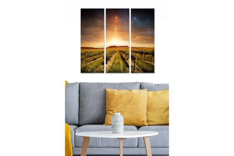 Puinen canvastaulu, 3 osaa, 50x70 cm - Kaunis viinitarha auringonlaskun aikaan, Vihreä / Kulta / Sininen