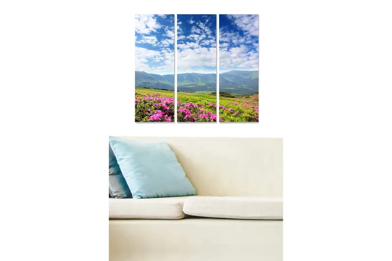 Puinen canvastaulu, 3 osaa, 50x70 cm - Kaunis vuoristomaisema kukkivien atsaleojen kanssa etualalla, Vaaleanpunainen / Vihreä / Sininen