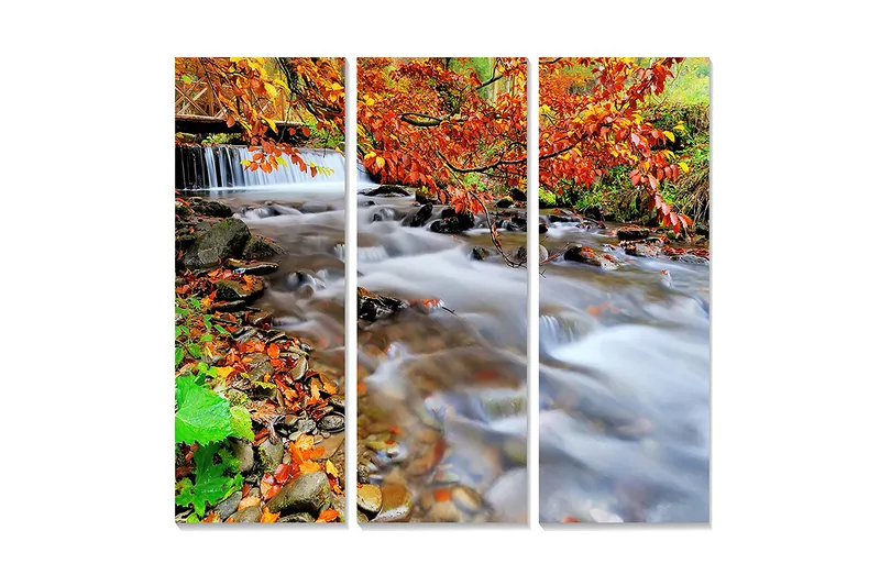 Puinen canvastaulu, 3 osaa, 50x70 cm - Kaunis puro syksyn värien ja lehtien ympäröimänä, Oranssi / Vihreä / Ruskea