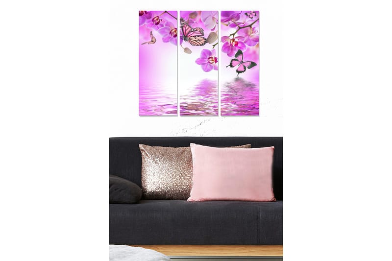 Puinen canvastaulu, 3 osaa, 50x70 cm - Kaunis perhos- ja orkideasompelu vaaleanpunaisissa sävyissä, Vaaleanpunainen / Violetti / Valkoinen
