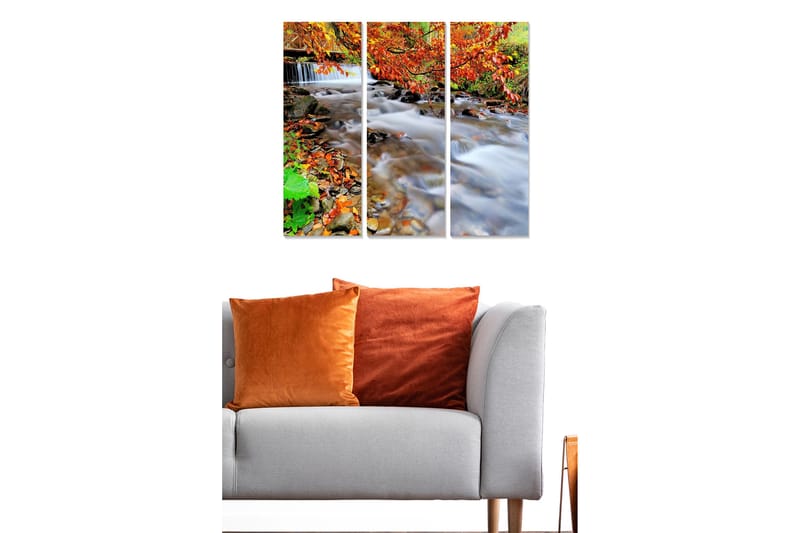 Puinen canvastaulu, 3 osaa, 50x70 cm - Kaunis puro syksyn värien ja lehtien ympäröimänä - Oranssi / Vihreä / Ruskea - Sisustustuotteet - Taulu & taide - Canvas-taulu