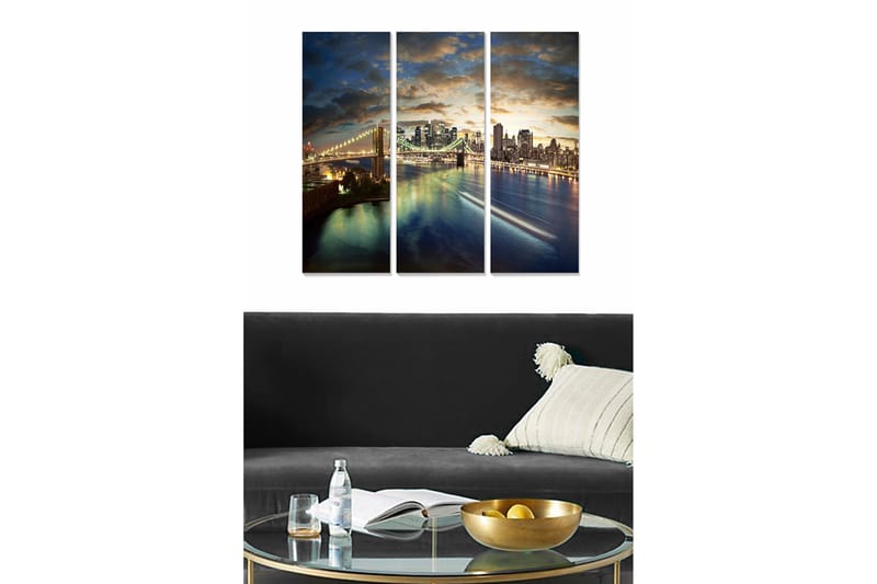 Puinen canvastaulu, 3 osaa, 50x70 cm - Kaupungin siluetti auringonlaskussa, silta ja heijastukset vedessä, Tummansininen / Kulta / Harmaa