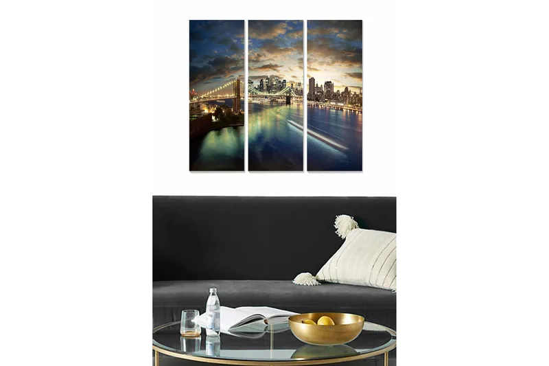 Puinen canvastaulu, 3 osaa, 50x70 cm - Kaupungin siluetti auringonlaskussa, silta ja heijastukset vedessä, Tummansininen / Kulta / Harmaa