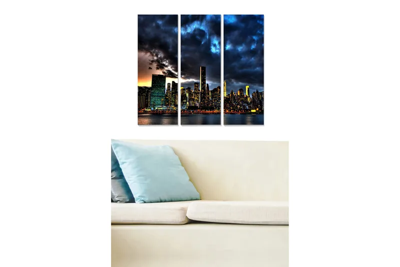 Puinen canvastaulu, 3 osaa, 50x70 cm - Kaupungin siluetti hämärässä dramaattisten pilvien kera, Tummansininen / Vihreä / Oranssi