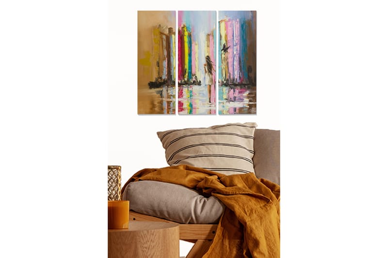 Puinen canvastaulu, 3 osaa, 50x70 cm - Kaupungin siluetti heijastuksineen vedessä, Kulta / Vaaleanpunainen / Sininen