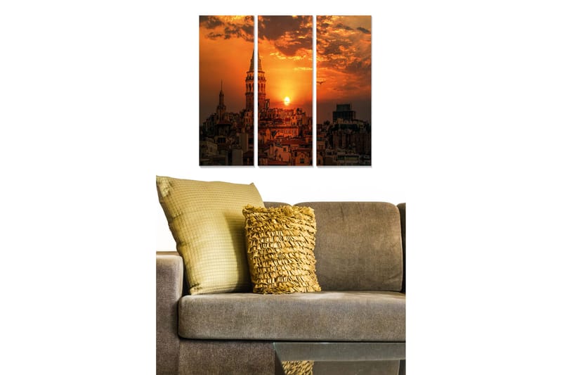 Puinen canvastaulu, 3 osaa, 50x70 cm - Kaupunkikuva auringonlaskulla kattojen ja tornien yllä, Oranssi / Tummansininen / Kulta