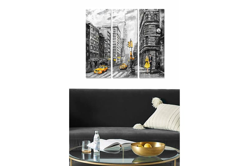 Puinen canvastaulu, 3 osaa, 50x70 cm - Kaupunkinäkymä keltaisilla takseilla ja keltaisessa mekossa olevalla naisella, Keltainen / Musta / Harmaa