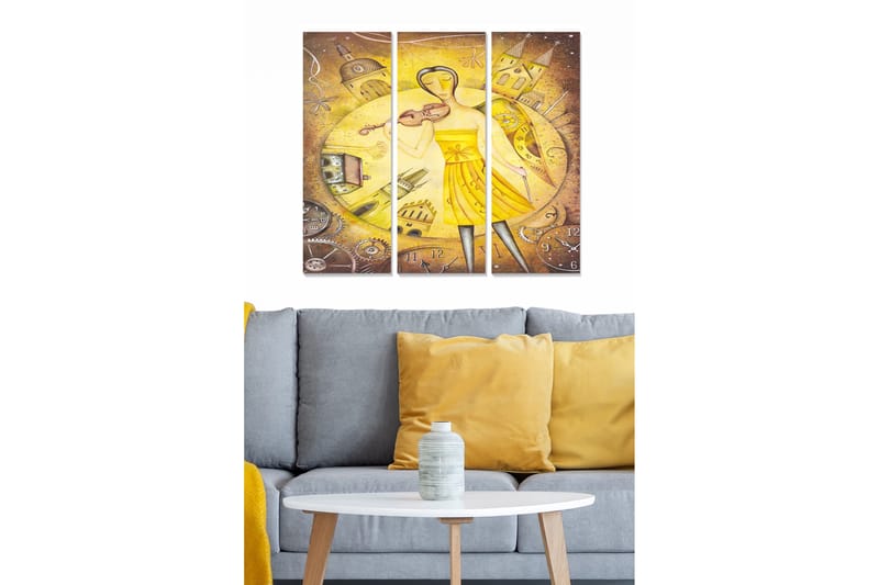 Puinen canvastaulu, 3 osaa, 50x70 cm - Keltaiseen mekkoon pukeutunut nainen soittaa viulua kellojen ja rakennusten taustalla, Keltainen / Ruskea / Harmaa