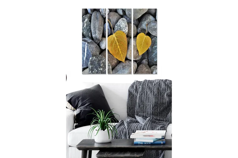 Puinen canvastaulu, 3 osaa, 50x70 cm - Keltaisia lehtiä harmailla kivillä taustalla, Harmaa / Keltainen