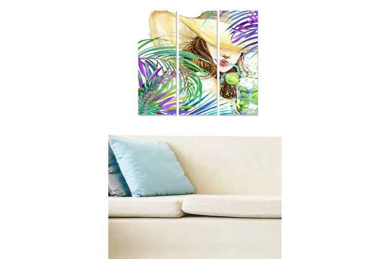 Puinen canvastaulu, 3 osaa, 50x70 cm - Kesäinen nainen ison hatun ja juoman kanssa värikkäiden palmujen ympäröimänä, Vihreä / Violetti / Beige