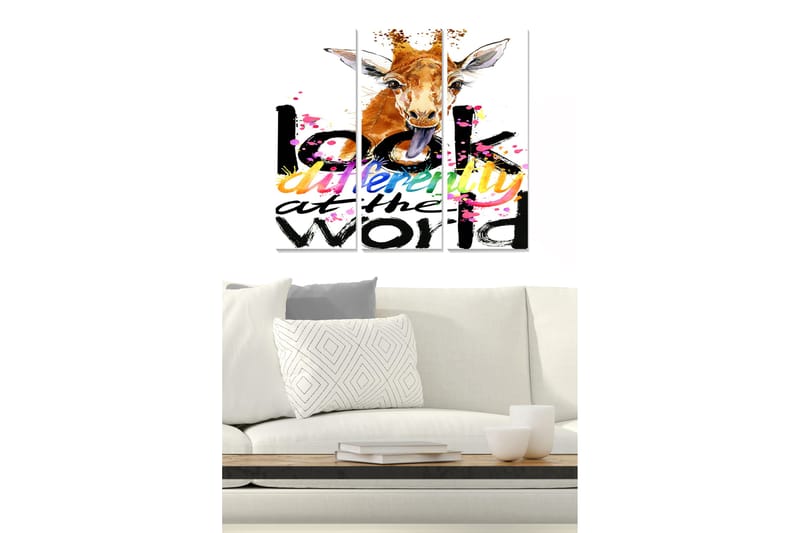 Puinen canvastaulu, 3 osaa, 50x70 cm - Kirahvi leikkisällä ilmeellä ja värikkäällä tekstillä - Oranssi / Musta / Vaaleanpunainen - Sisustustuotteet - Taulu & taide - Canvas-taulu