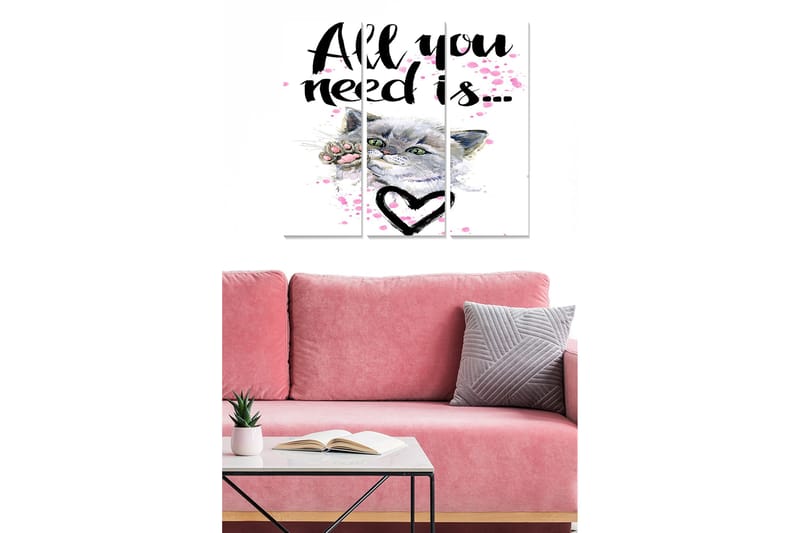 Puinen canvastaulu, 3 osaa, 50x70 cm - Kissan muotokuva rakastavalla tekstillä ja sydämellä, Harmaa / Vaaleanpunainen / Musta