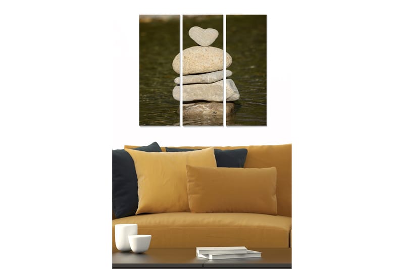 Puinen canvastaulu, 3 osaa, 50x70 cm - Kivikasa, jonka päällä on sydämenmuotoinen kivi, Harmaa / Beige / Ruskea