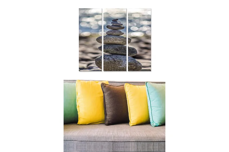 Puinen canvastaulu, 3 osaa, 50x70 cm - Kivikasa harmonisessa tasapainossa, Harmaa / Beige / Musta