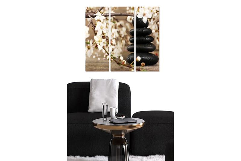 Puinen canvastaulu, 3 osaa, 50x70 cm - Kivikasa kukkien ja oksien ympäröimänä, Musta / Valkoinen / Beige