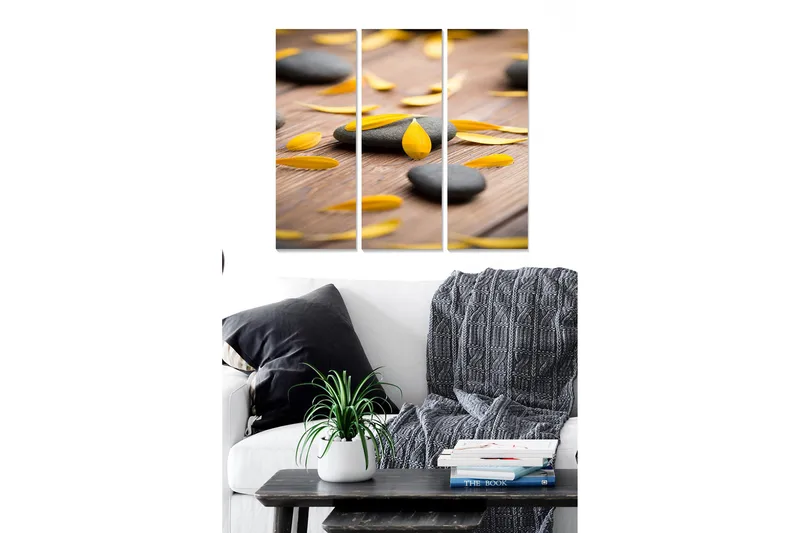 Puinen canvastaulu, 3 osaa, 50x70 cm - Kivilaatoitus keltaisilla kukkaterälehdillä puupinnalla, Musta / Keltainen / Ruskea