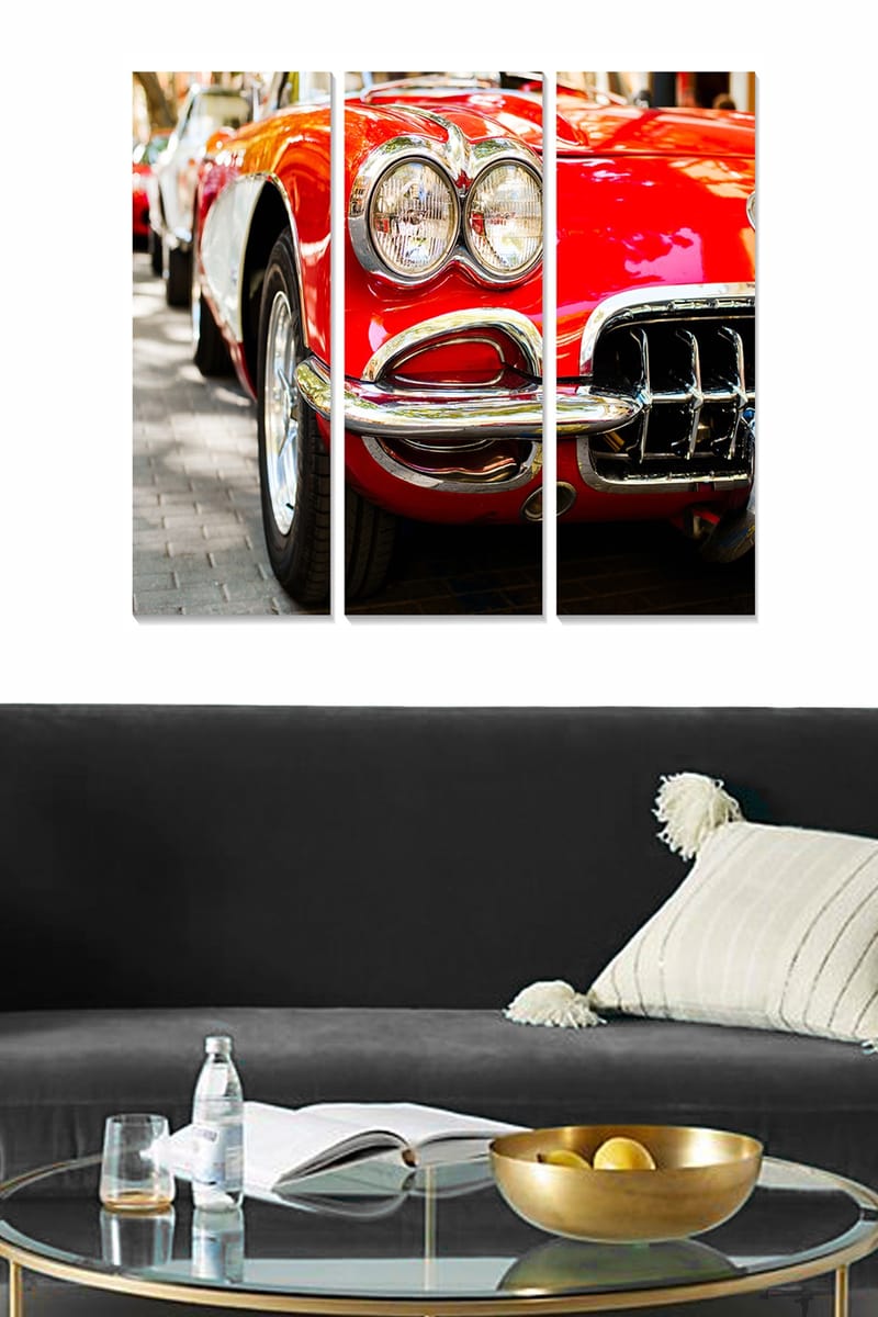 Puinen canvastaulu, 3 osaa, 50x70 cm - Klassinen punainen urheiluauto kiiltävillä kromiyksityiskohdilla, Punainen / Kromi / Musta