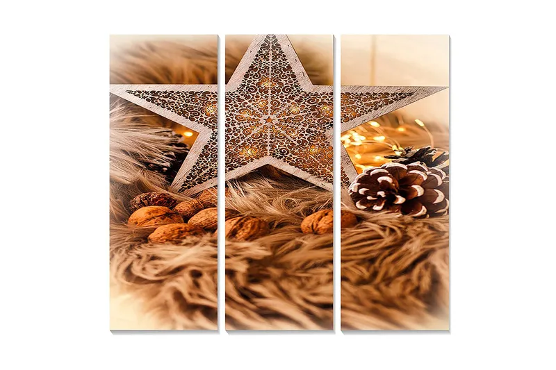 Puinen canvastaulu, 3 osaa, 50x70 cm - Koristeellinen tähti joulutunnelmalla, pähkinöiden ja kuusenoksien ympäröimänä, Beige / Ruskea / Kulta