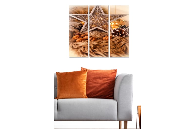 Puinen canvastaulu, 3 osaa, 50x70 cm - Koristeellinen tähti joulutunnelmalla, pähkinöiden ja kuusenoksien ympäröimänä - Beige / Ruskea / Kulta - Sisustustuotteet - Taulu & taide - Canvas-taulu