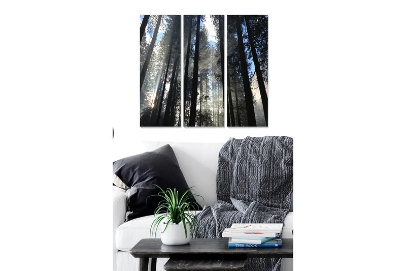 Puinen canvastaulu, 3 osaa, 50x70 cm - Korkeat puut kurottelevat kohti sumuista taivasta, Tummanvihreä / Musta / Vaaleansininen