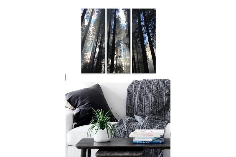 Puinen canvastaulu, 3 osaa, 50x70 cm - Korkeat puut kurottelevat kohti sumuista taivasta, Tummanvihreä / Musta / Vaaleansininen
