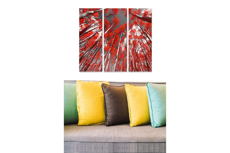 Puinen canvastaulu, 3 osaa, 50x70 cm - Korkeita puita polttavan punaisilla lehdillä harmaata taivasta vasten - Punainen / Harmaa - Sisustustuotteet - Taulu & taide - Canvas-taulu