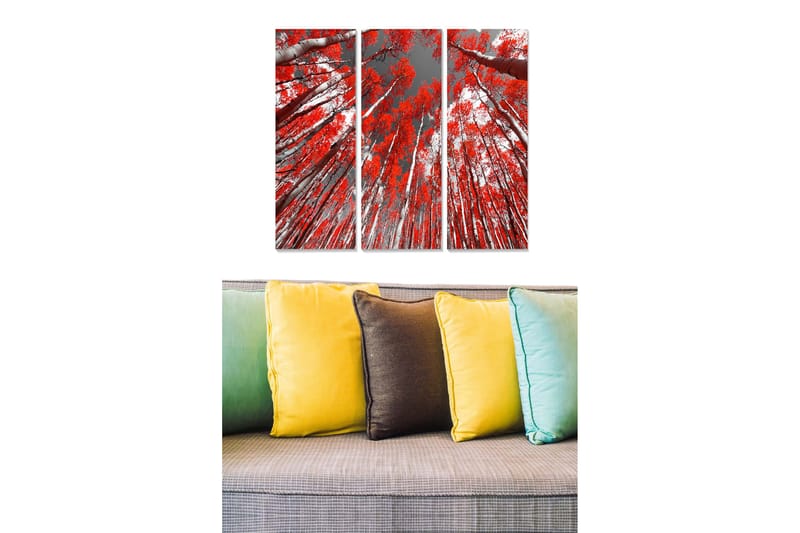 Puinen canvastaulu, 3 osaa, 50x70 cm - Korkeita puita polttavan punaisilla lehdillä harmaata taivasta vasten, Punainen / Harmaa