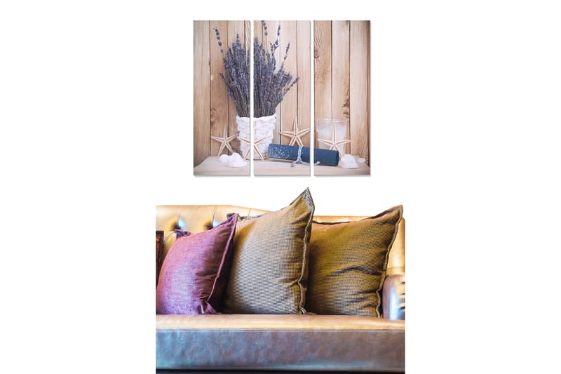 Puinen canvastaulu, 3 osaa, 50x70 cm - Kuivattuja laventelin kukkia korissa merellisillä yksityiskohdilla, Violetti / Beige / Valkoinen