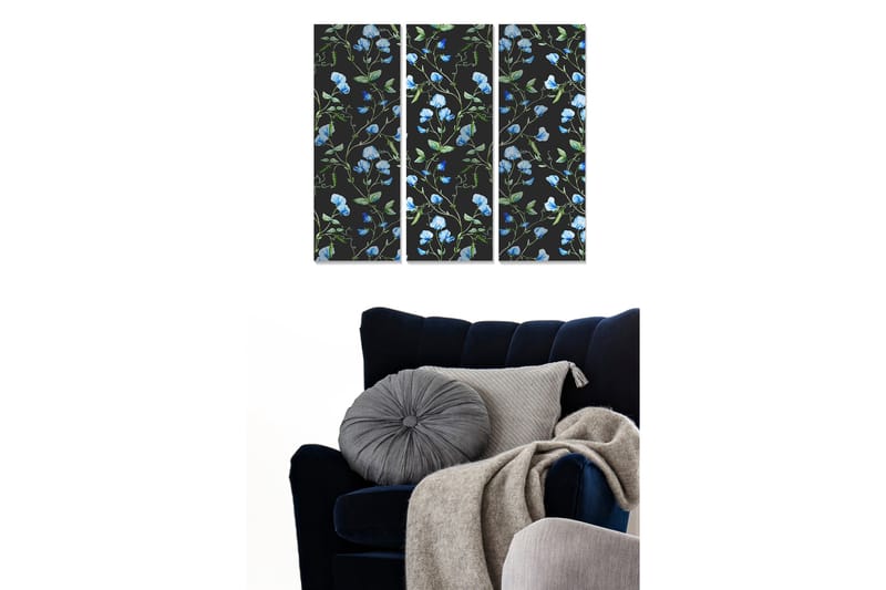 Puinen canvastaulu, 3 osaa, 50x70 cm - Kukkakuvio, jossa sinisiä herneitä mustalla taustalla, Sininen / Vihreä / Musta